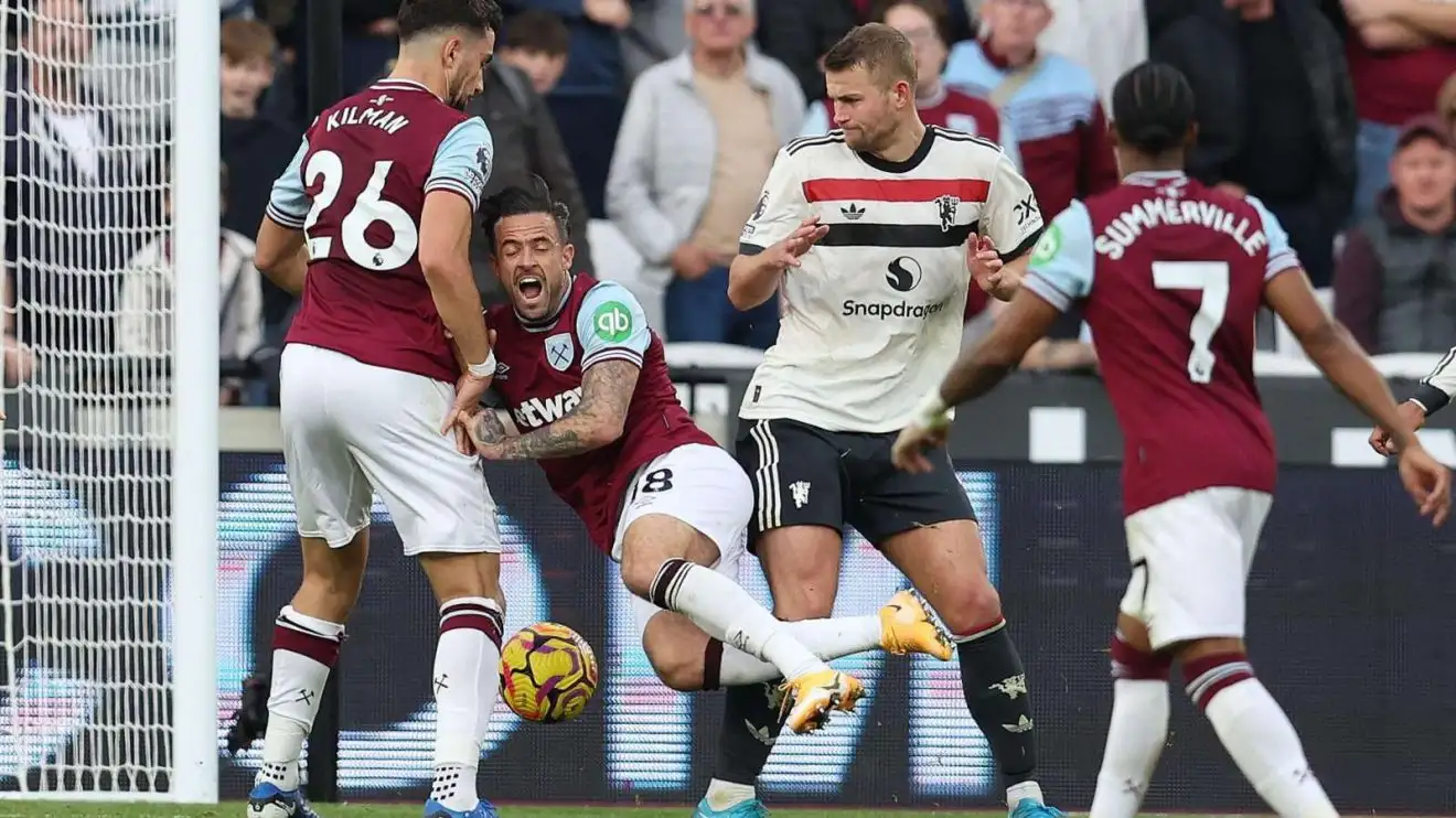 West Ham 2-1 Man Utd: Danny Ings and Matthijs de Ligt collide during a match